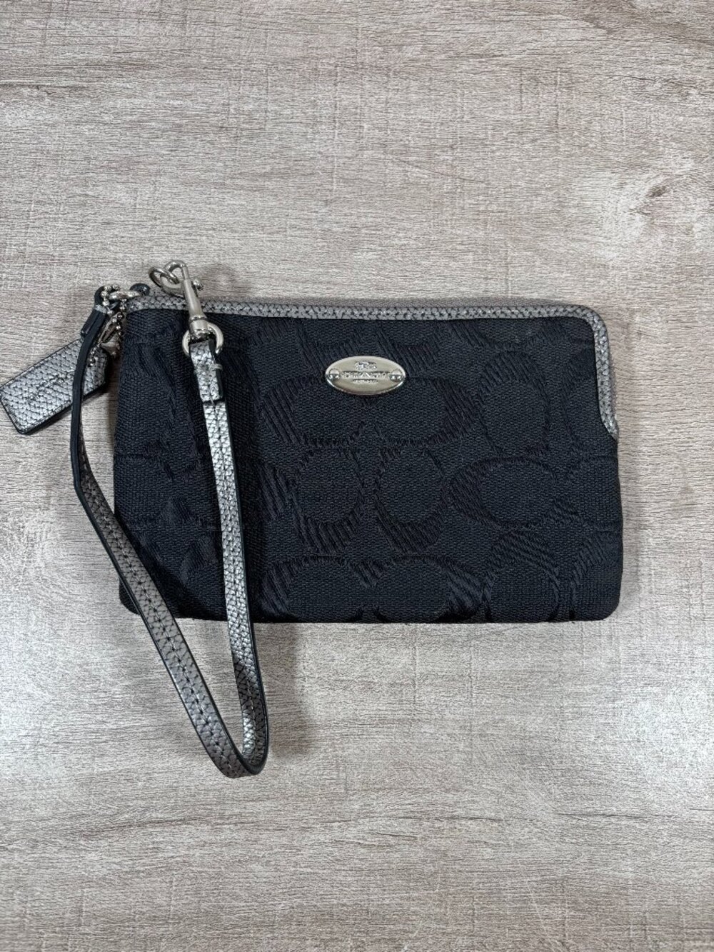 Coach Corner Zip Wristlet Black Signature Logo Jacquard Canvas